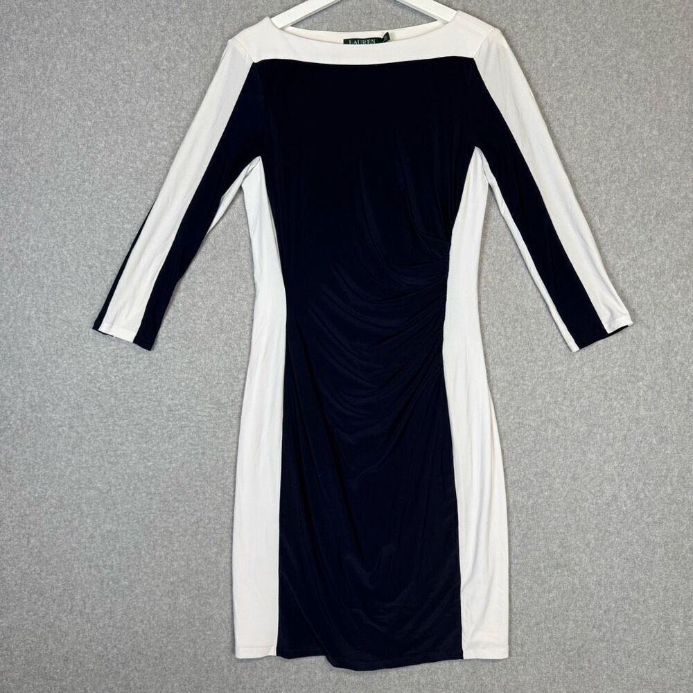 Vintage Lauren Ralph Lauren Women's Size 8 Navy Blue White Midi A Line Dress